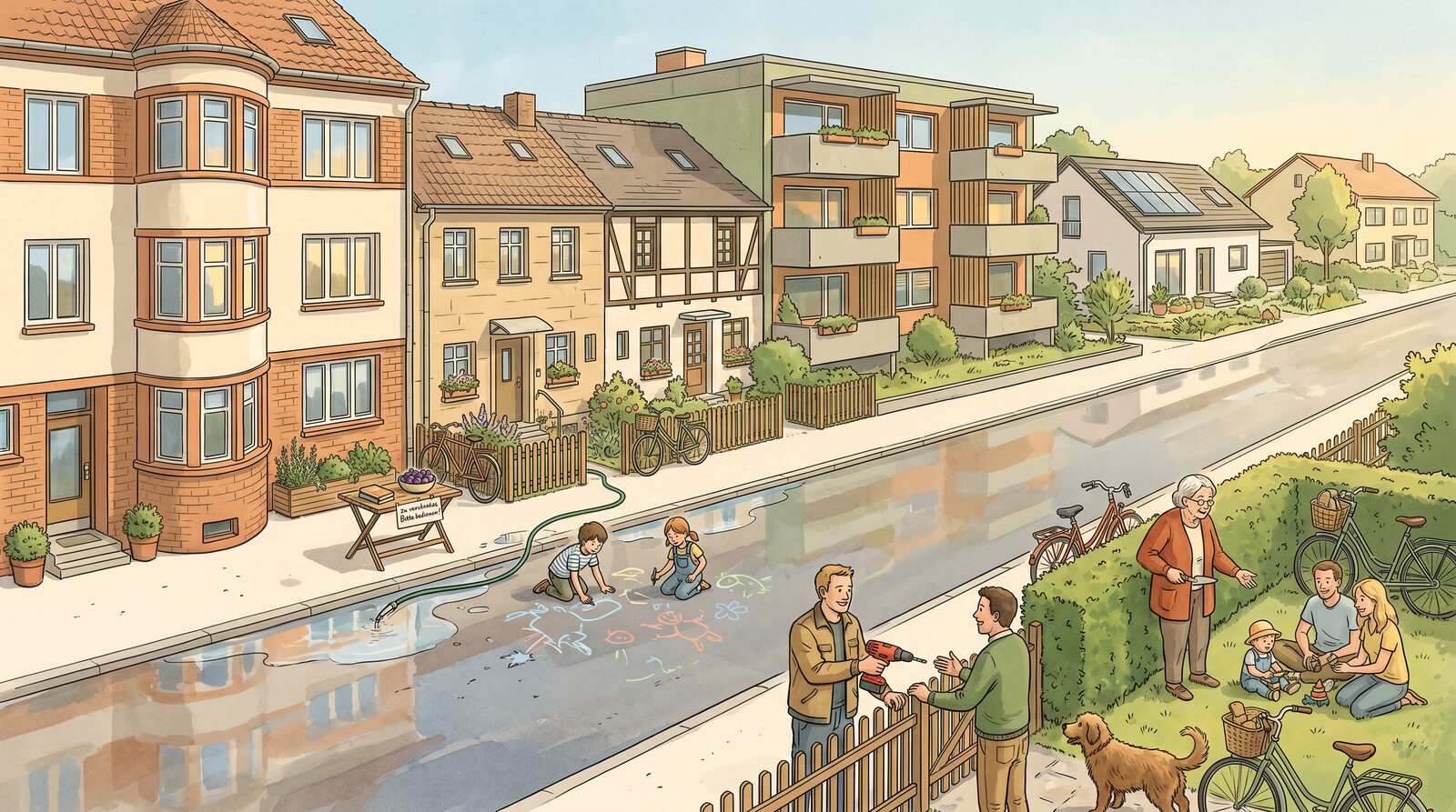 Eine Spielstraße im Sommer aus leicht erhöhter Perspektive: Mehrfamilien- und Einfamilienhäuser, Kinder spielen am Wasser, Nachbarn reichen sich eine Bohrmaschine über den Zaun, eine ältere Person unterhält sich mit einer jungen Familie.