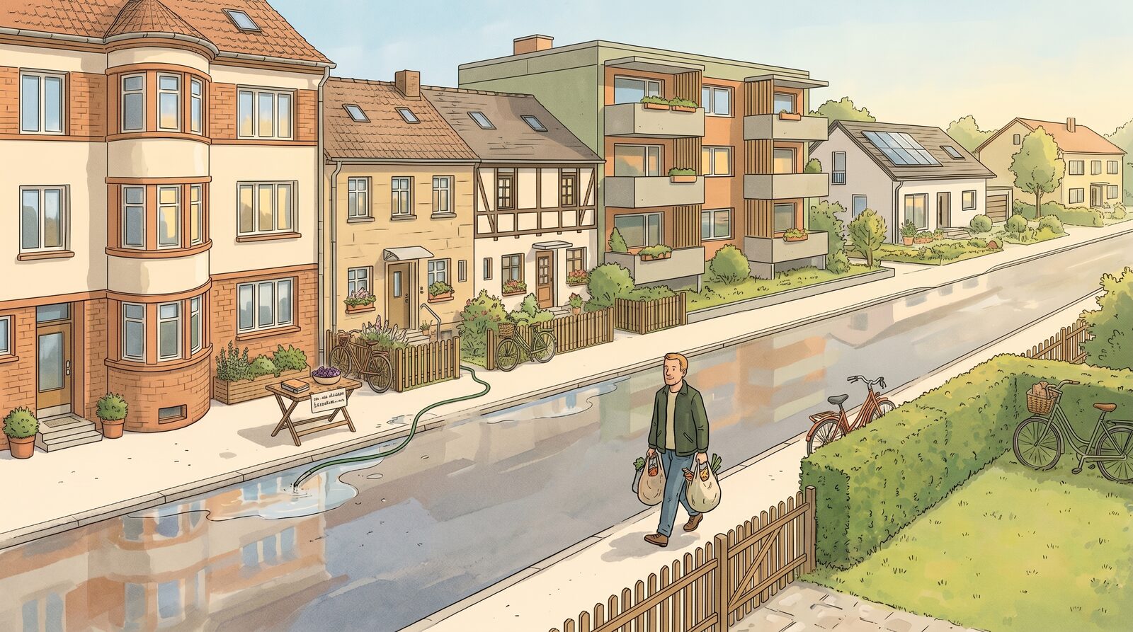 Eine ruhige Wohnstraße im Sommer, eine Person läuft mit Einkaufstaschen Richtung Eingang. Die Routine der Nachbarn, die sich gegenseitig den Wocheneinkauf mitbringen.