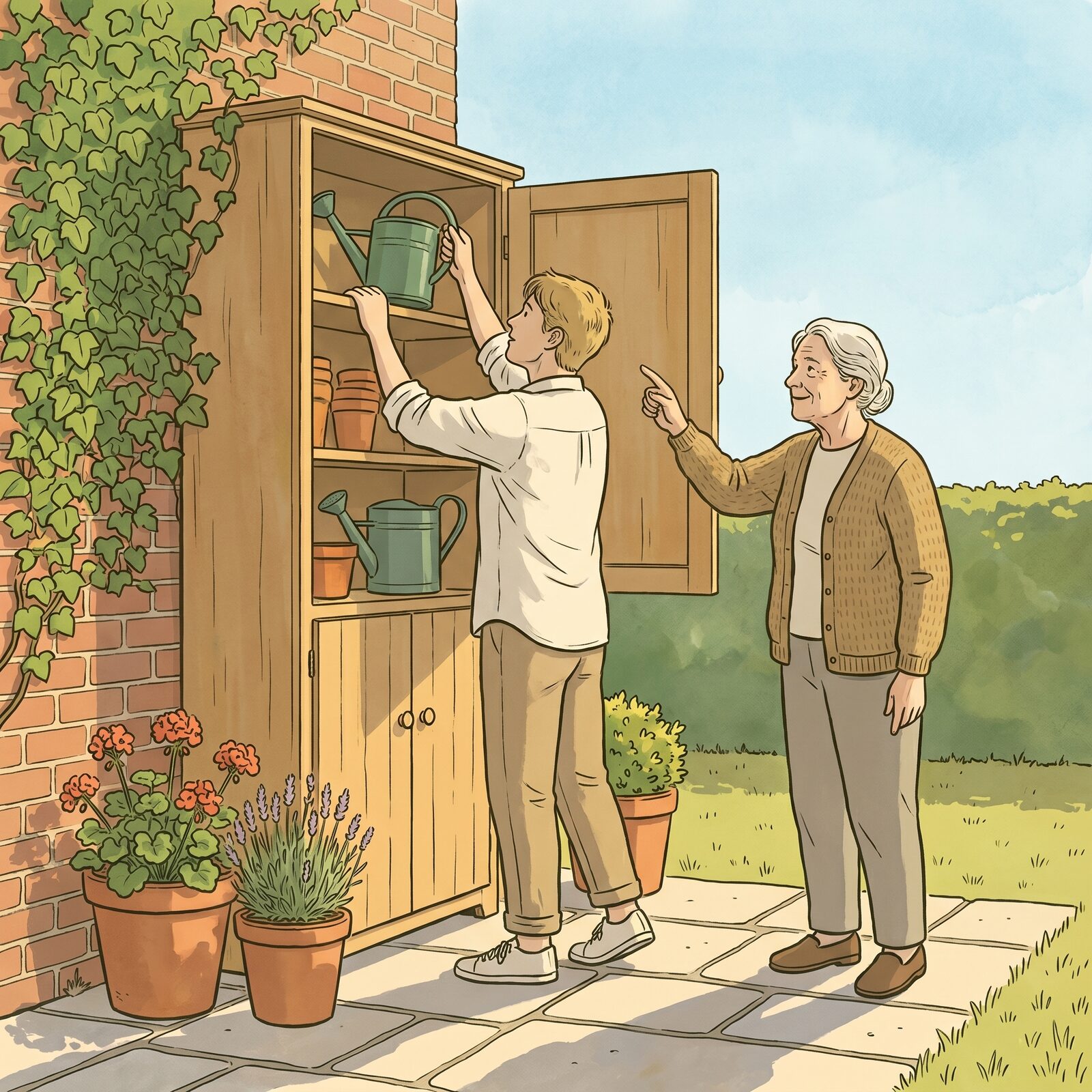 Ein junger Mensch räumt eine Gießkanne in einen offenen Gartenschrank, eine ältere Frau zeigt ihm, wohin sie gehört.