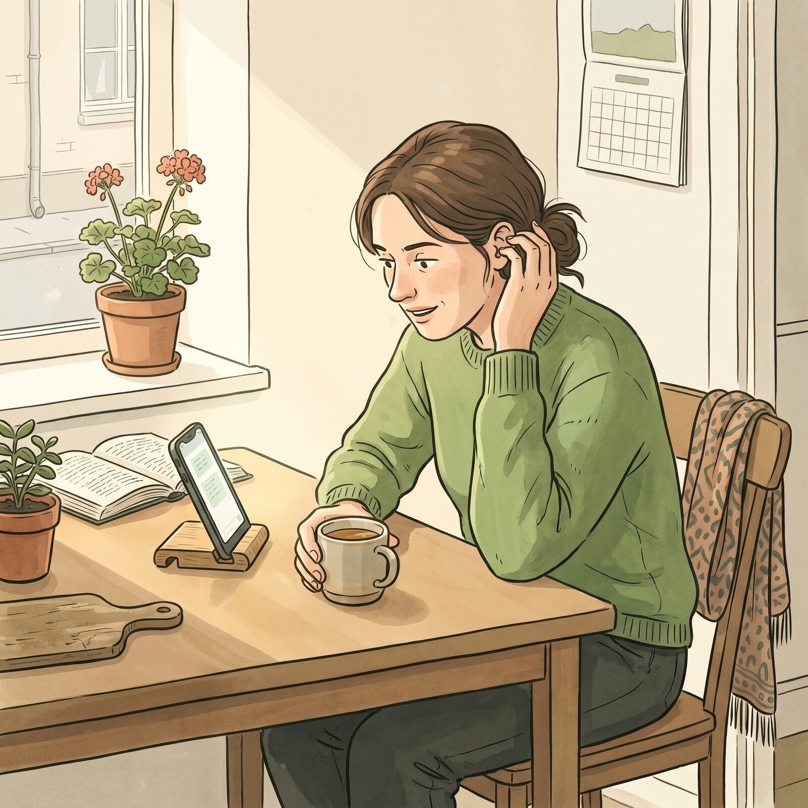 Eine Frau am Küchentisch in ihrer Wohnung, liest auf einem Smartphone vor sich, Kaffee in der Hand. Sie telefoniert über die Telefon-Bridge.
